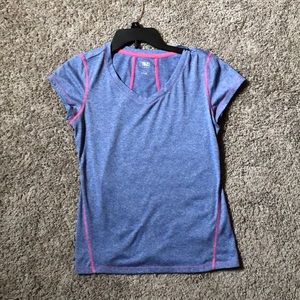 Stretchy blue athletic shirt with pink stitching